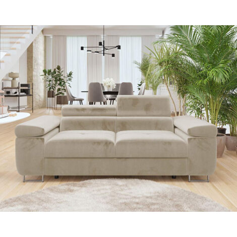 Bestmobilier – Canapé droit 2 places en velours beige – Têtières ajustables – Structure bois – Densité assise 28 kg/m3 – Pieds métal chromé (1/5)