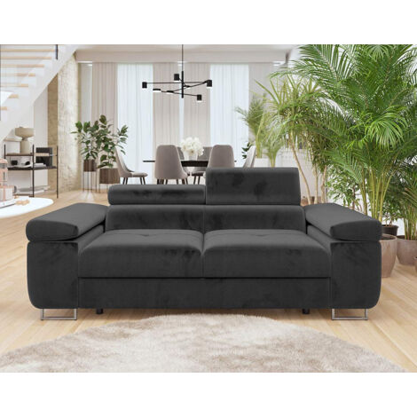 Bestmobilier – Canapé droit 2 places avec têtières ajustables – Velours 100% polyester gris foncé – Structure en bois et pieds métal chromé – Confort optimal (1/5)
