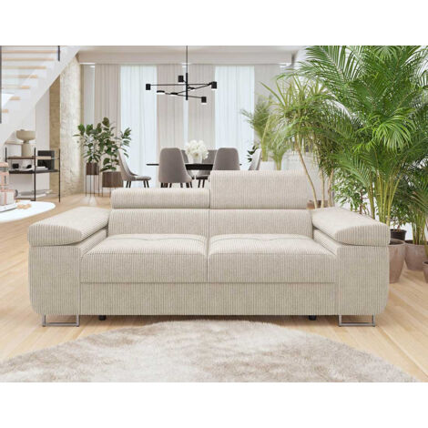 Bestmobilier – Canapé droit 2 places en velours côtelé beige – Têtières ajustables – Structure en bois – Style contemporain – Confort optimal