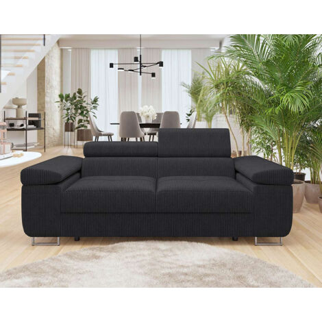 Bestmobilier – Canapé droit 2 places velours côtelé noir – Têtières réglables – Confort optimal – Dimensions 198x102x90 cm (1/5)