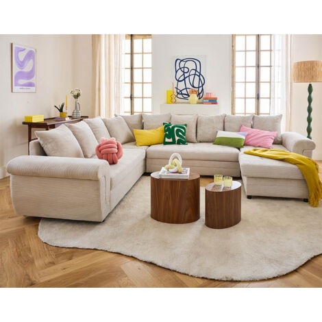 Bestmobilier – Canapé panoramique convertible 7 places avec coffre – Velours côtelé beige – Dimensions 304x247 cm – Fabrication européenne (1/5)