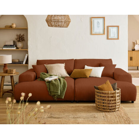 Lisa Design – Canapé droit 4 places – Assise profonde en velours côtelé terracotta – Dimensions 237x144 cm – Garnissage mousse élastique