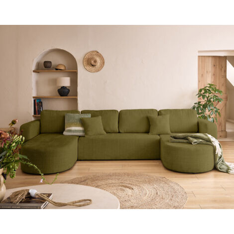 Bestmobilier – Canapé panoramique en U 7 places convertible avec coffre – Velours texturé 100% polyester – Dimensions 313x162 cm – Style contemporain (1/5)