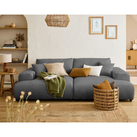 Lisa Design – Canapé droit 4 places en velours côtelé gris foncé – Assise profonde avec mousse élastique – Double méridienne pour confort optimal (1/5)
