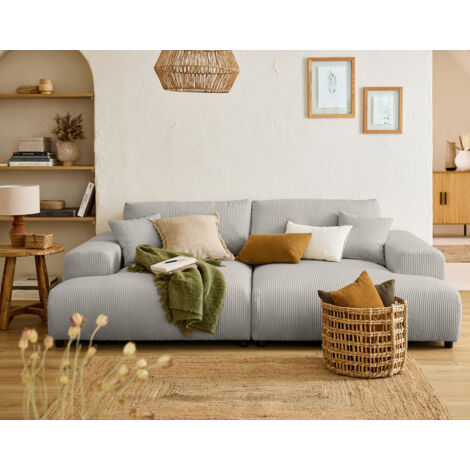 Lisa Design – Canapé droit 4 places en velours côtelé – Assise profonde et large – Double méridienne – Gris clair – Fabrication européenne (1/5)