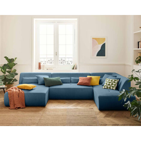 Onyx - canapé panoramique modulable d'angle droit 7 places - en velours côtelé - bleu (1/5)