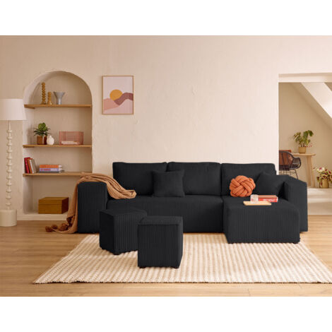 Bestmobilier – Canapé d'angle réversible 4 places convertible – Velours côtelé doux – Rangement poufs et tablettes – Couchage 135x205 cm (1/5)