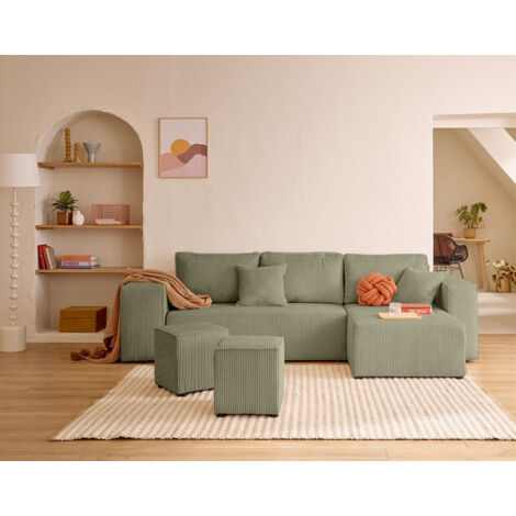 Bestmobilier – Canapé d'angle réversible 4 places convertible – Velours côtelé – Coffre de rangement – Tablette intégrée et poufs dissimulés (1/5)