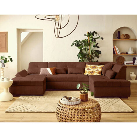 Lisa Design – Canapé panoramique d'angle droit 7 places en velours côtelé – Accoudoir relevable – Dimensions 300x180cm – Style contemporain (1/5)