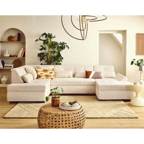 Lisa Design – Canapé panoramique d'angle gauche 7 places en velours côtelé beige – Accoudoirs réglables – Dimensions 300x180cm – Confort optimal pour salon