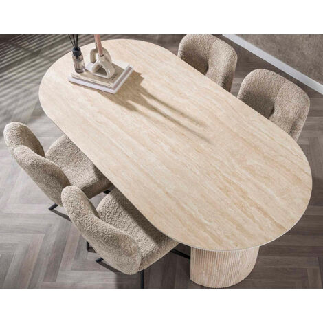 Table à Manger Ovale En Marbre Composite ELMA - 180x90x78 Cm, Pour 6 Personnes, Pieds En MDF, Couleur Beige