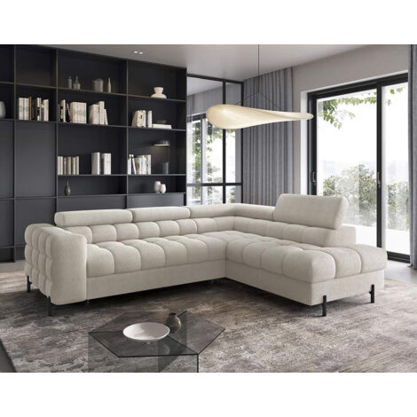 Bestmobilier – Canapé d'angle droit 5 places convertible – Coffre de rangement – Têtières réglables – Tissu bouclette beige – Dimensions 276x200cm (1/5)