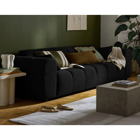 Lisa Design – Canapé droit 3 places en tissu texturé noir – Assise bombée et dossier incurvé – Structure en bois massif – Style contemporain