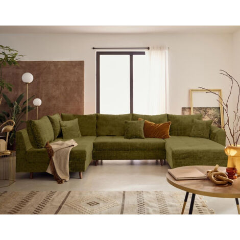 Lisa Design – Canapé panoramique d'angle gauche 7 places en velours texturé – Couleur vert olive – Structure en bois massif – Confort optimal avec mousse haute densité (1/5)