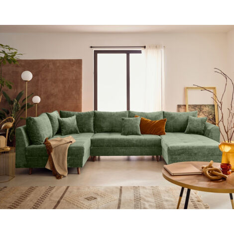 Lisa Design – Canapé panoramique d'angle gauche 7 places en velours texturé – Largeur 310 cm – Profondeur 161 cm – Style contemporain – Vert sauge (1/5)