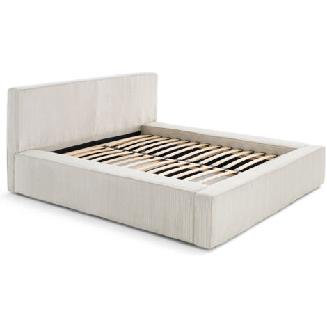 Bestmobilier – Lit coffre 160x200 cm – Sommier à lattes inclus – Coffre de rangement – Revêtement velours côtelé beige – Tête de lit intégrée (1/5)