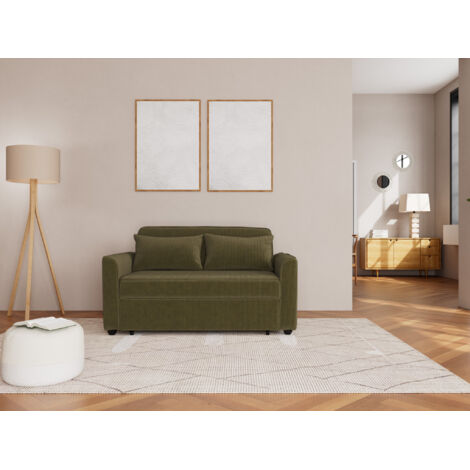 Bestmobilier – Canapé droit 2 places convertible en velours côtelé – Couchage occasionnel 180x120cm – Style contemporain – Vert