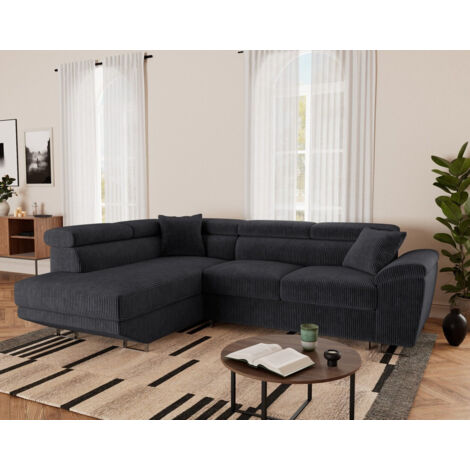Bestmobilier – Canapé d'angle gauche convertible 5 places avec têtières ajustables – Coffre de rangement – Revêtement velours côtelé – Pieds métal chromé