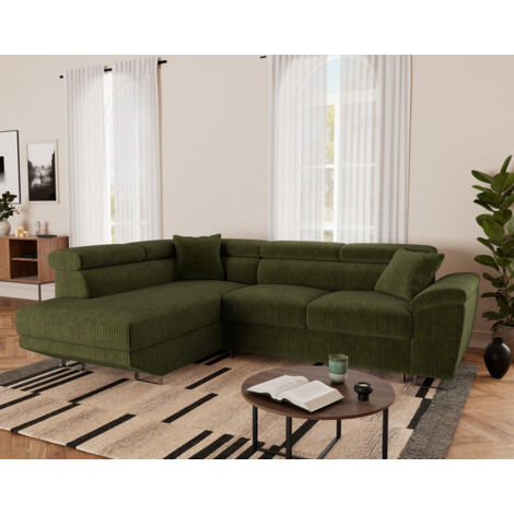 Bestmobilier – Canapé d'angle gauche 5 places convertible avec têtières ajustables – Coffre de rangement – Revêtement en velours côtelé – Dimensions 261x196cm