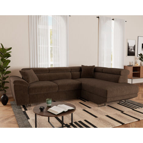 Bestmobilier – Canapé d'angle droit 5 places convertible – Têtières ajustables – Coffre de rangement – Revêtement en velours côtelé – Pieds métal chromé