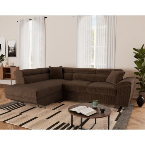 Bestmobilier – Canapé d'angle gauche convertible 5 places – Têtières ajustables – Coffre de rangement – Velours côtelé 100% polyester – Largeur 261 cm
