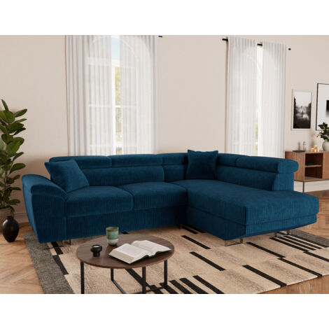 Bestmobilier – Canapé d'angle droit 5 places convertible – Têtières ajustables – Coffre de rangement – Velours côtelé bleu – Style contemporain