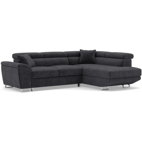 Bestmobilier – Canapé d'angle droit 5 places convertible – Têtières ajustables – Coffre de rangement – Revêtement velours côtelé – Pieds métal chromé