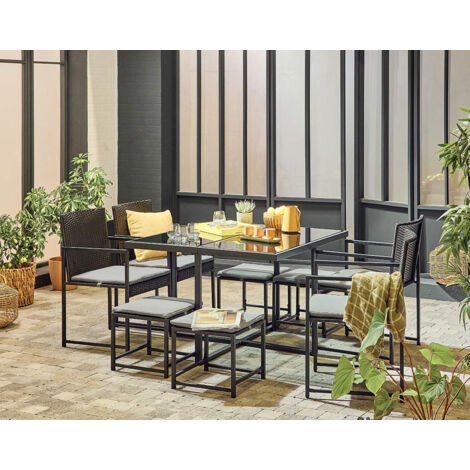 Bestmobilier – Ensemble table et chaises de jardin 8 places en acier noir – Coussins déhoussables en tissu déperlant – Table avec plateau en verre