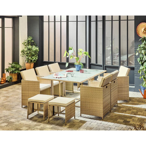 Bestmobilier – Salon de jardin encastrable 10 places en résine tressée beige – Coussins déhoussables déperlant – Housse de protection incluse