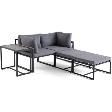 Beyla – salon de jardin modulable en acier noir - 4 places - coussins gris
