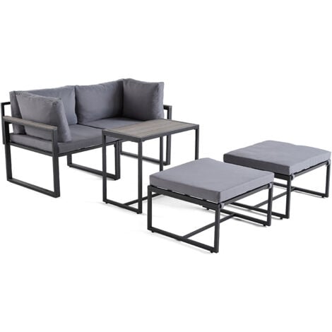 Beyla – salon de jardin modulable en acier noir - 4 places - coussins gris