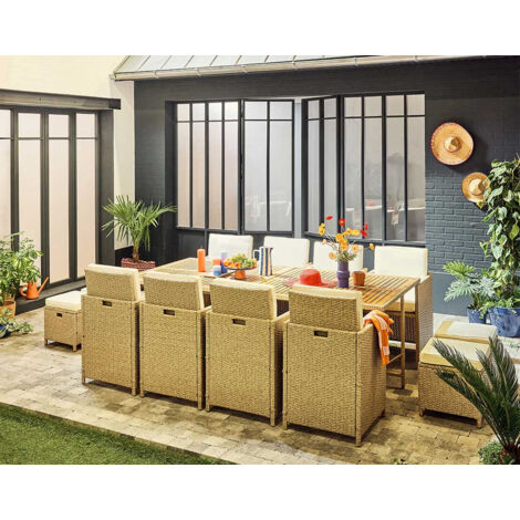 Bestmobilier – Salon de jardin encastrable 12 places en résine tressée beige – Coussins déhoussables – Table en acacia – Résistant à l’humidité (1/5)