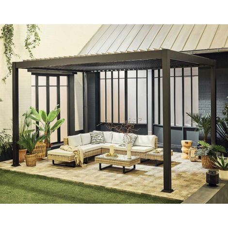Bestmobilier – Pergola bioclimatique aluminium 4x3m – Lames orientables 85° – Système d'évacuation intégré – Gris anthracite