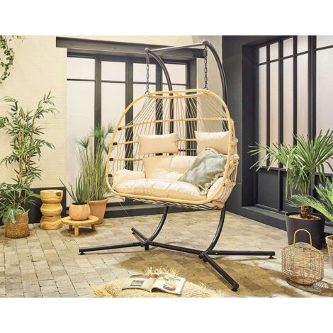 Lisa Design – Fauteuil suspendu 2 places en polyrotin – Structure en acier – Coussins déhoussables – Tissu déperlant résistant aux intempéries
