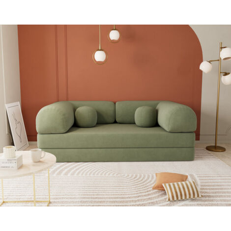 Lisa Design – Canapé 3 places convertible en velours texturé – Couchage occasionnel – Largeur 200 cm – Style contemporain – Vert sauge (1/5)