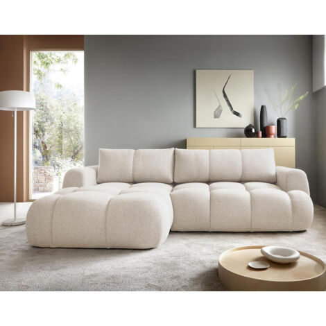 Bestmobilier – Canapé d'angle gauche 4 places convertible – Tissu bouclette ultra moelleux – Coffre de rangement intégré – Design contemporain