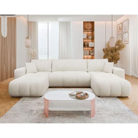 Bestmobilier – Canapé panoramique U 7 places convertible avec coffre de rangement – Tissu doux – Design contemporain – Coussins déhoussables