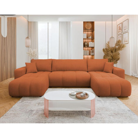 Bestmobilier – Canapé panoramique U 7 places convertible – Coffre de rangement intégré – Tissu doux – Design contemporain – Dimensions 312x145 cm