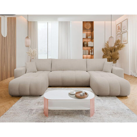 Bestmobilier – Canapé panoramique U 7 places convertible avec coffre de rangement – Tissu doux – Design contemporain – Dimensions 312x145 cm