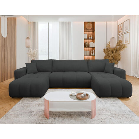 Bestmobilier – Canapé panoramique U 7 places convertible – Coffre de rangement intégré – Tissu doux – Design contemporain – Dimensions 312x145 cm