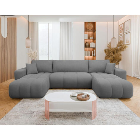 Bestmobilier – Canapé panoramique U 7 places convertible – Tissu doux – Coffre de rangement intégré – Design contemporain – Dimensions 312x145cm