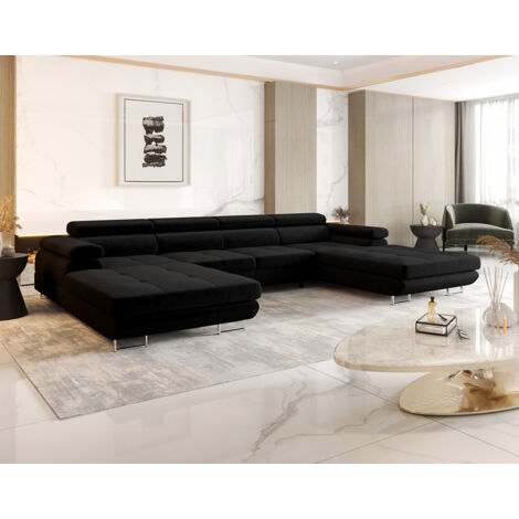 Bestmobilier – Canapé panoramique en U 7 places convertible avec coffre – Têtières réglables – Tissu doux – Design contemporain – Dimensions 350x205 cm