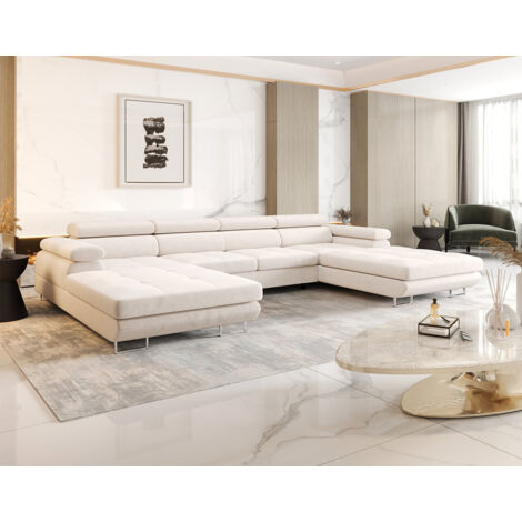 Bestmobilier – Canapé panoramique en U 7 places convertible avec coffre et têtières réglables – Tissu doux – Dimensions 350x205 cm – Charge max 450 kg