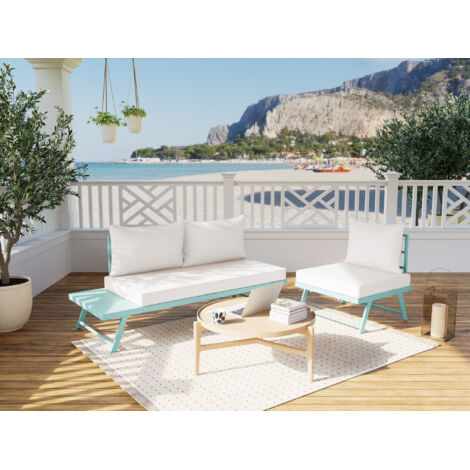 Bestmobilier – Salon de jardin modulable 3 places en acier vert – Coussins déhoussables beige – Résistant aux intempéries – Charge max 320 kg