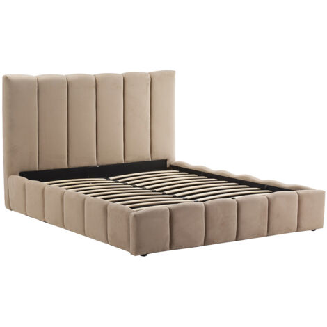 Bestmobilier – Lit coffre 160x200 cm en velours taupe – Sommier inclus – Coffre de rangement – Charge max 250 kg – Design capitonné élégant (1/5)
