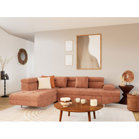 Bestmobilier – Canapé d'angle gauche 5 places convertible – Coffre de rangement – Têtières réglables – Velours texturé terracotta