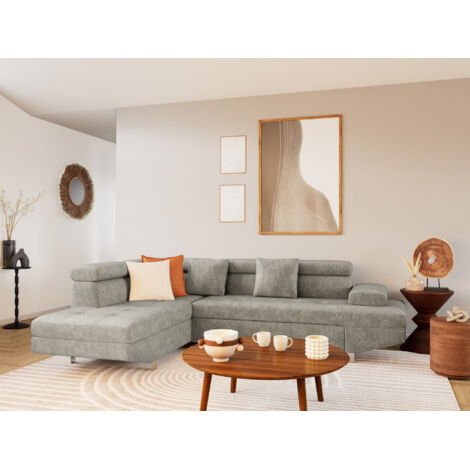 Bestmobilier – Canapé d'angle gauche 5 places convertible – Coffre de rangement – Têtières réglables – Velours texturé – Couchage 127x115cm – Style contemporain