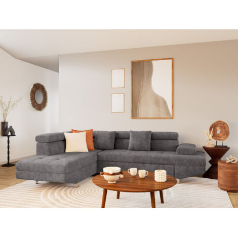 Bestmobilier – Canapé d'angle gauche 5 places convertible – Coffre de rangement – Têtières réglables – Velours texturé gris – Couchage 127x115cm