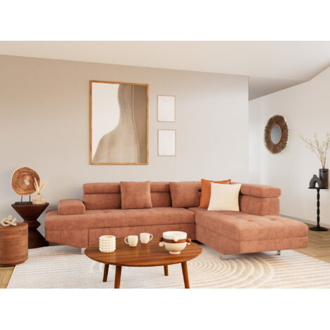 Bestmobilier – Canapé d'angle droit 5 places convertible – Coffre de rangement – Têtières réglables – Velours texturé – Dimensions couchage 127x115 cm (1/5)