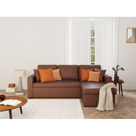 Bestmobilier – Canapé d'angle réversible 4 places convertible avec coffre – Revêtement simili cognac – Assise mousse polyuréthane – Style contemporain
